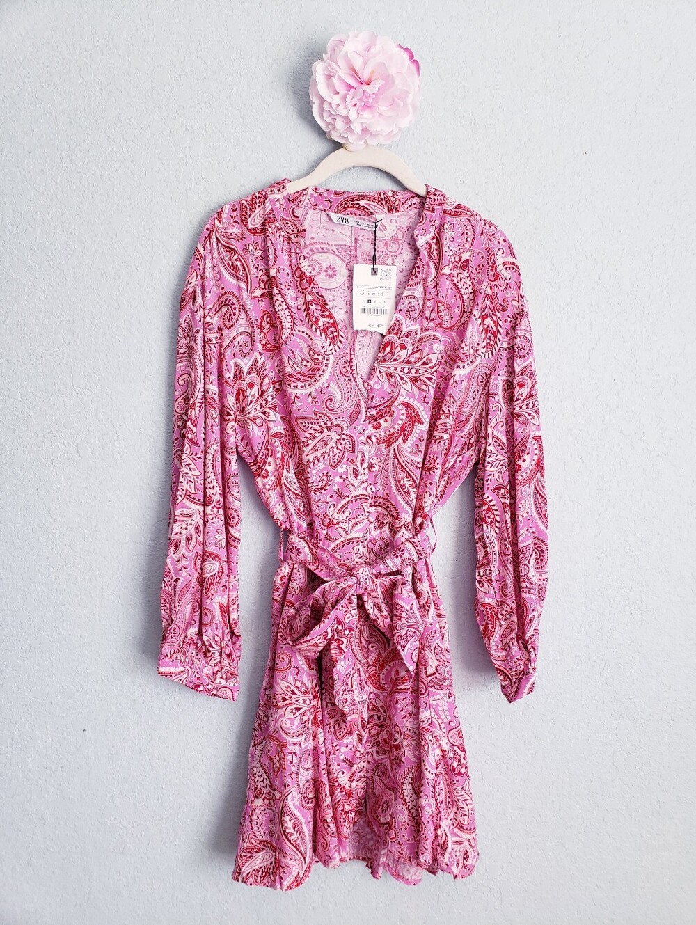Zara Pink Paisley Long Sleeve Belted Mini Dress